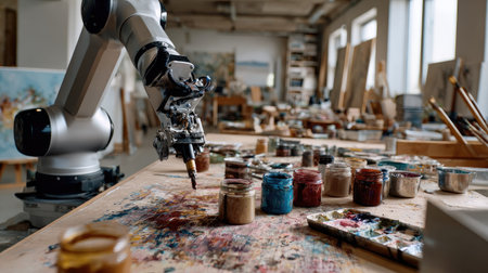 A robotic arm is deployed in an art studio, displaying advanced technology blending with traditional creative processes. The scene captures colorful jars of paint, art supplies, and a vibrant table filled with determination and artistry.の素材