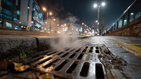 A captivating nighttime scene featuring steam rising from a drain on a wet street, surrounded by city lights, offering an atmospheric urban view.の素材