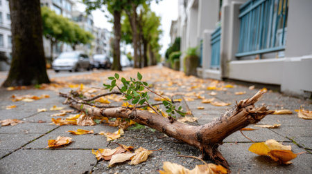 A close-up view of a fallen branch on a sidewalk, surrounded by colorful autumn leaves. This urban scene captures the beauty of nature juxtaposed with city life.の素材