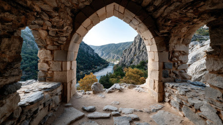 Experience breathtaking views through a historic archway, revealing a tranquil river valley embraced by majestic mountains and vibrant nature.の素材