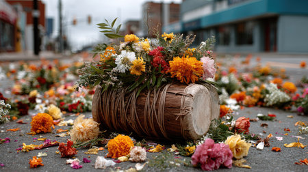 A captivating urban scene featuring a rustic barrel overflowing with colorful flowers, surrounded by vibrant petals scattered across the street, symbolizing beauty and celebration.の素材