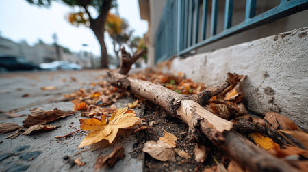 A close-up view of a fallen branch surrounded by vibrant autumn leaves on a city street, capturing the beauty of nature during autumn.の素材