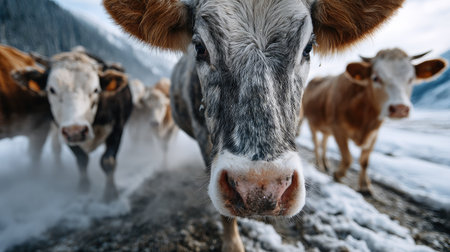 A stunning close-up captures a cow in a snowy landscape, surrounded by other cattle. This image highlights the beauty of farm life in winter, evoking a sense of calm and rustic charm.の素材