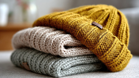 A collection of cozy knitted items showcasing warm earth tones, perfect for winter fashion photography, emphasizing texture and comfort.の素材