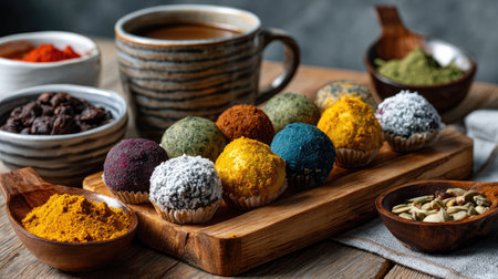 A vibrant display of homemade energy balls crafted from healthy ingredients rests on a rustic wooden table. Surrounded by various spices and herbal powders, these colorful snacks offer a nutritious boost and delightful flavors. Perfect for food enthusiasts.の素材