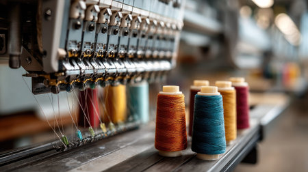 This image captures a close-up view of colorful spools of thread alongside a precision embroidery machine in a seamstress workshop, showcasing the artistry and craftsmanship involved in textile production.の素材