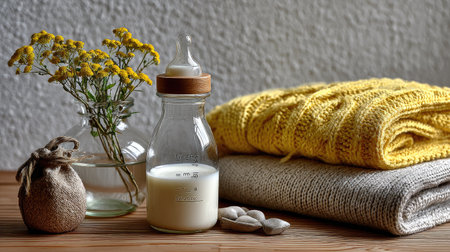 A beautifully arranged cozy home scene featuring a yellow knit sweater, a glass bottle of milk, smooth pebbles, and delicate flowers in a vase.の素材