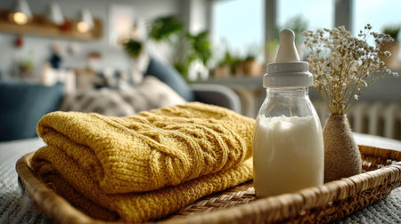 A serene baby room scene featuring a cozy yellow blanket and a milk bottle on a wooden tray, illuminated by natural light, creating a warm atmosphere.の素材