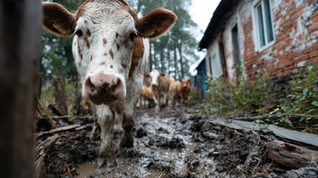 A close-up view of a cow walking through a muddy path in a serene countryside setting near a rustic farmhouse, surrounded by lush greenery and trees.の素材