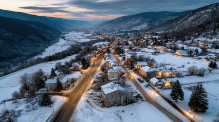 An enchanting aerial view captures a snow-covered village at twilight, nestled in a serene valley surrounded by majestic mountains, creating a peaceful winter scene.の素材