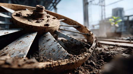 A close-up view of an old metal wheel covered in dirt and debris, reflecting the beauty of nature reclaiming an abandoned industrial setting.の素材