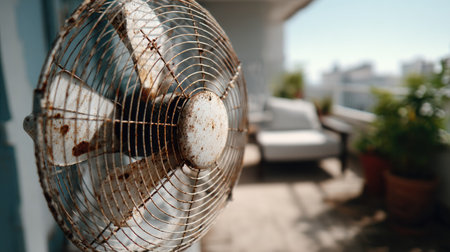 A vintage metal fan positioned in a sunlit outdoor space, highlighting the cozy atmosphere of a balcony adorned with plants and comfortable furniture.の素材