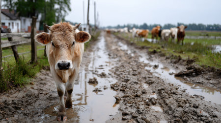 A brown calf walks along a muddy road with a herd of cattle in the distance. The rural landscape captures the essence of farm life, surrounded by nature.の素材