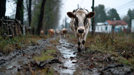 A close-up view of a cow walking along a muddy dirt road, with a rainy atmosphere and lush green trees, showcasing rural farm life and tranquility.の素材