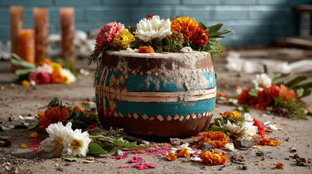 A beautifully arranged decorative pot filled with colorful flowers and natural elements, capturing the essence of artistry and cultural celebration in an indoor setting.の素材