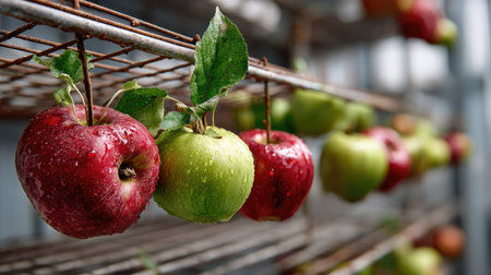A close-up view of fresh red and green apples hanging on a rustic railing, showcasing vibrant colors and glistening water droplets in a storage setting.の素材