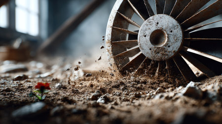A close-up view of a wheel stirring up dust in an abandoned workshop, featuring a small flower emerging through the dirt, highlighting nature's resilience.の素材