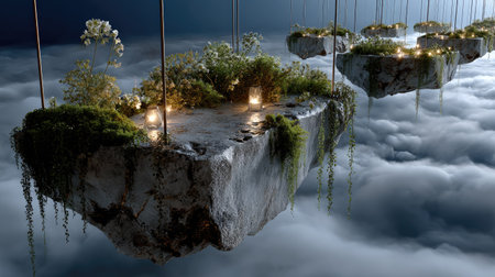 Explore a surreal scene of floating islands adorned with greenery, candles, and a dreamy atmosphere above a soft cloud layer, ideal for creative inspiration.の素材