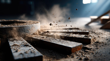 A dramatic close-up of dusty industrial equipment focuses on rustic metal parts surrounded by fine particles in an abandoned workshop, capturing a serene atmosphere.の素材