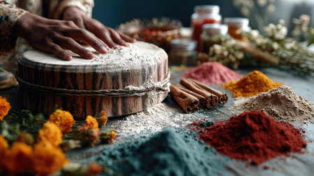 A captivating scene showcasing a variety of spices and colorful flowers on a rustic table, highlighting hands skillfully preparing ingredients for a delicious meal.の素材