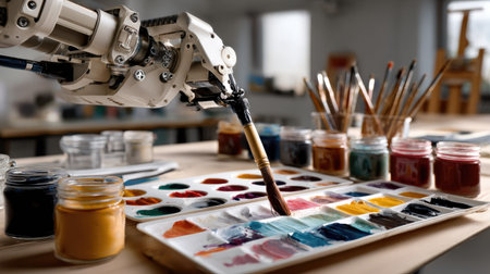 A robotic arm methodically uses a brush to mix vibrant paints on a palette in an artistic workspace, showcasing the intersection of technology and creativity.の素材