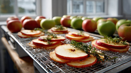 Vibrant sliced apples arranged on a drying rack, infused with fresh rosemary, set in a sunlit modern kitchen, showcasing healthy food preparation.の素材