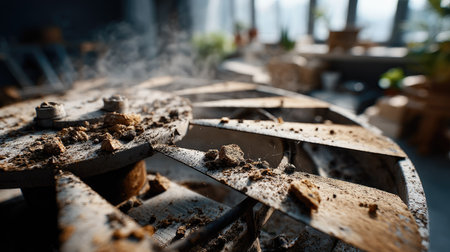 A detailed close-up shot of a rusty industrial fan blade covered in dust and debris, reflecting the atmosphere of an abandoned workspace. The image captures the interplay of light and shadow, emphasizing the decay and neglect of machinery.の素材