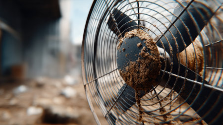 A close-up view of a dusty fan reveals intricate details of its blades, surrounded by a blurred chaotic background, showcasing neglect and wear.の素材