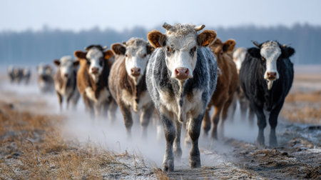 A herd of cattle traverses a dusty path in a frosty winter landscape. The serene atmosphere showcases farm life and rural beauty in a foggy setting.の素材
