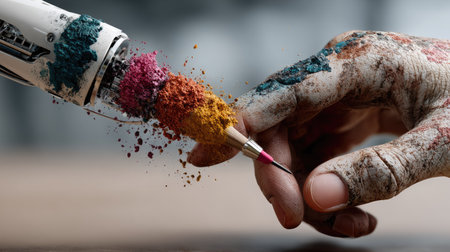 A captivating image depicting the connection between human creativity and robotic technology, featuring a hand gently interacting with colorful powders emerging from a mechanical pencil.の素材