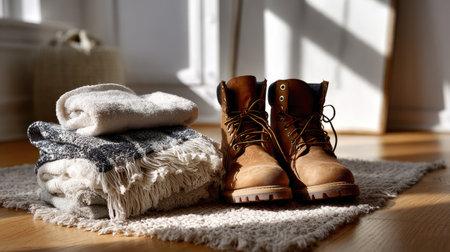 A cozy indoor scene featuring brown lace-up boots beside neatly folded warm blankets on a soft rug, illuminated by gentle sunlight for a serene atmosphere.の素材