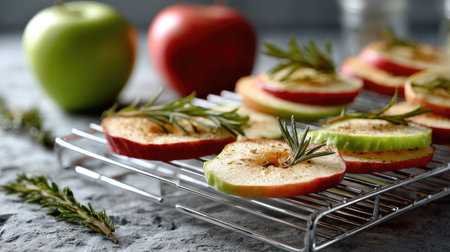 A captivating arrangement of sliced apples garnished with rosemary on a wire rack, showcasing vibrant colors and natural textures, perfect for culinary inspiration.の素材
