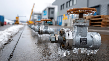 A close-up view of a frozen industrial valve with icicles, set in a factory yard during winter. The scene captures the essence of machinery in cold weather.の素材