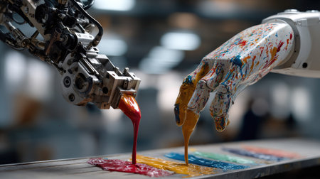 A robotic arm and a human hand interact creatively, using vibrant paints to showcase the intersection of technology and art in a modern workspace.の素材