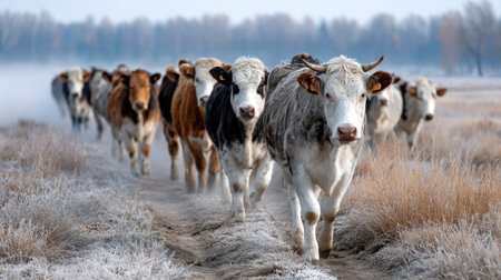 A picturesque scene of a herd of cows walking through a frosty field. The early morning light illuminates the mist, creating a serene rural landscape.の素材