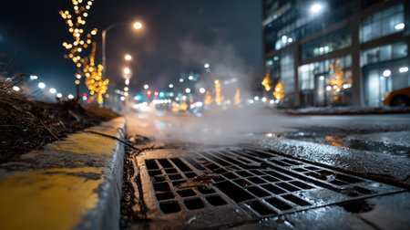 A captivating urban night scene featuring a steaming drain on a wet street. City lights reflect beautifully off the wet asphalt, creating a vibrant atmosphere.の素材