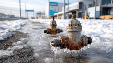 This image captures rusty water valves emerging from frozen ground, surrounded by snow, in an industrial landscape on a winter day.の素材