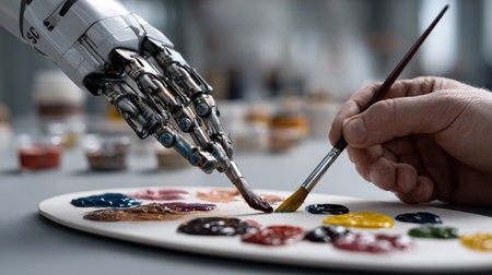 A robotic hand skillfully manipulates a brush above a vibrant palette of colors, showcasing the blend of technology and creativity in modern art practices.の素材