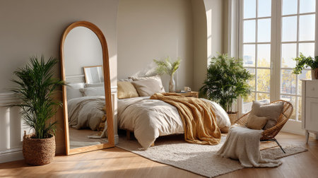 This beautiful bedroom features a cozy atmosphere with modern furnishings, large windows, and lush plants, making it an inviting space for relaxation.の素材