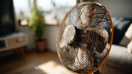 A rustic vintage fan showcasing rust and dust, placed in a sunlit living room. It highlights nostalgic charm with cozy furniture and greenery.の素材