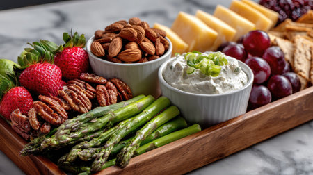 A vibrant charcuterie board featuring fresh strawberries, almonds, pecans, grapes, and creamy dip. Perfect for gatherings, parties, and healthy snacking.の素材