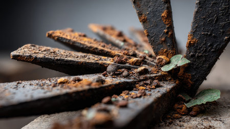 This close-up image features rusty metal blades partially buried in soil, showcasing the contrast between decay and new plant growth, symbolizing nature's resilience.の素材