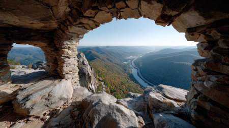 Stunning view from stone archways reveals rolling hills and a winding river below, capturing the essence of nature's beauty in autumn.の素材