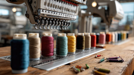 This image captures the vibrant array of sewing threads neatly arranged on a wooden table, showcasing an embroidery machine that symbolizes creativity in textile crafting.の素材
