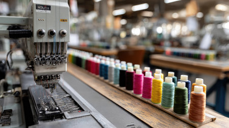 A detailed view of a sewing machine alongside an array of vibrant thread spools in a textile factory, showcasing the artistry and precision of fabric craftsmanship.の素材