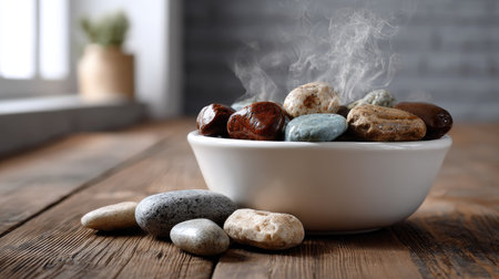 A serene display of various colorful stones in a white bowl with steam rising, set against a rustic wooden table, evoking a sense of calm and tranquility.の素材