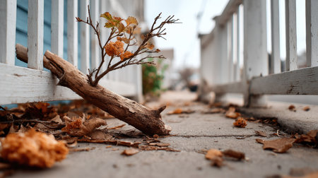 A charming scene showing a small branch with leaves and flowers pushing through a crack in the sidewalk, framed by fallen autumn leaves and a wooden fence.の素材