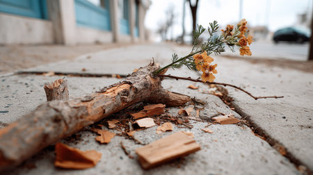 A broken branch lies on the sidewalk, adorned with small yellow flowers. The urban setting's wood chips and soft light create a unique and tranquil view.の素材