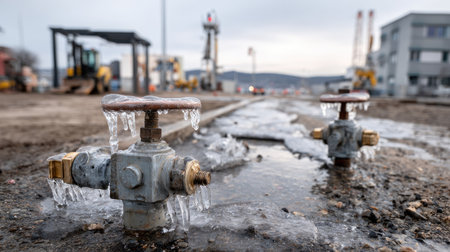 A frozen water valve stands in an industrial construction site. Ice covers the valve and the ground, highlighting the cold winter conditions affecting operations.の素材