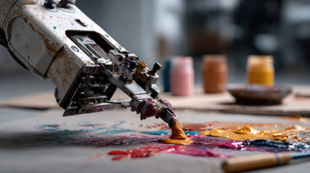 A close-up view of a robotic arm skillfully applying paint to a canvas, surrounded by jars of vibrant colors. The scene captures the fusion of art and technology.の素材